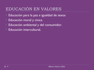EDUCACIÓN EN VALORES Educación para la paz e igualdad de sexos Educación moral y cívica. Educación ambiental y del consumidor. Educación intercultural. Alberto Navarro Elbal 