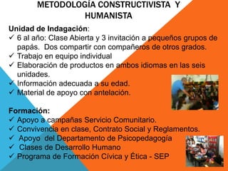 METODOLOGÍA CONSTRUCTIVISTA Y 
HUMANISTA 
Unidad de Indagación: 
 6 al año: Clase Abierta y 3 invitación a pequeños grupos de 
papás. Dos compartir con compañeros de otros grados. 
 Trabajo en equipo individual 
 Elaboración de productos en ambos idiomas en las seis 
unidades. 
 Información adecuada a su edad. 
 Material de apoyo con antelación. 
Formación: 
 Apoyo a campañas Servicio Comunitario. 
 Convivencia en clase, Contrato Social y Reglamentos. 
 Apoyo del Departamento de Psicopedagogía 
 Clases de Desarrollo Humano 
 Programa de Formación Cívica y Ética - SEP 
 