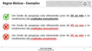 Regras Básicas - Exemplos
investoraccouting.com.br
Prof. Victor Biaggi 8
Um fundo de poupança esta oferecendo juros de 2% ao mês e os
rendimentos são creditados mensalmente.
Um fundo de poupança esta oferecendo juros de 6% ao ano e os
rendimentos são creditados mensalmente.
Um fundo de poupança esta oferecendo juros de 2% ao mês e os
rendimentos são creditados anualmente.
 