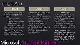 10
Stage 1
Complete a maximum 5 page
report on your project, which
includes:
- Problem definition
- Solution
- Storyboard of application
- Business plan
- Team details/background
Form a team with students who
share your idea.
Start building out your idea by
using the free software tools
available from Microsoft Imagine.
Stage 2
Preliminary Finals - Top 15 Teams
Progress
Over the summer term – teams will
focus on building their prototype
and business case in preparation
for the preliminary finals.
27th Feb - Teams present to a
judging panel, 10 minutes
presentation, 5 minutes Q&A - the
top 5 teams in each category
progress in the competition and to
the National Finals.
Stage 3
National Finals
All 15 teams go through a final
round of judging to panel of
judges – 10 minutes presentation,
5 minutes Q&A.
All teams will be invited to the
National Finals where they will
have an opportunity to showcase
their idea to industry guests and
media.
The top team from each
category will then be announced
and compete in front of a live
audience for the top prize and
the title of the 2015 New Zealand
Imagine Cup Winners.
 