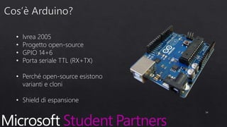 • Ivrea 2005
• Progetto open-source
• GPIO 14+6
• Porta seriale TTL (RX+TX)
• Perché open-source esistono
varianti e cloni
• Shield di espansione
34
 