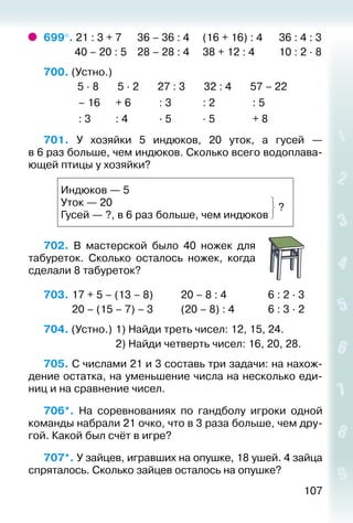 107
699°. 21 : 3 + 7		 36 – 36 : 4		 (16 + 16) : 4		 36 : 4 : 3
			 40 – 20 : 5	 28 – 28 : 4		 38 + 12 : 4			 10 : 2 ∙ 8
700. (Устно.)
			 5 ∙ 8    5 ∙ 2    27 : 3    32 : 4    57 – 22
– 16		 + 6			 : 3			 : 2			   : 5
: 3			 : 4			 ∙ 5			 ∙ 5			   + 8
701.  У хозяйки 5 индюков, 20 уток, а гусей —
в 6 раз больше, чем индюков. Сколько всего водоплава­
ющей птицы у хозяйки?
Индюков — 5
Уток — 20
Гусей — ?, в 6 раз больше, чем индюков
?
702.  В мастерской было 40 ножек для
табуреток. Сколько осталось ножек, когда
сделали 8 табуреток?
703. 	17 + 5 – (13 – 8)			 20 – 8 : 4				 6 : 2 ∙ 3
			 20 – (15 – 7) – 3			 (20 – 8) : 4				 6 : 3 ∙ 2
704. (Устно.) 	1) Найди треть чисел: 12, 15, 24.
							 2) Найди четверть чисел: 16, 20, 28.
705. С числами 21 и 3 составь три задачи: на нахож­
дение остатка, на уменьшение числа на несколько еди­
ниц и на сравнение чисел.
706*.  На соревнованиях по гандболу игроки одной
команды набрали 21 очко, что в 3 раза больше, чем дру­
гой. Какой был счёт в игре?
707*. У зайцев, игравших на опушке, 18 ушей. 4 зайца
спряталось. Сколько зайцев осталось на опушке?
 