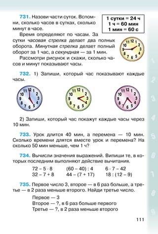 111
731. Назови части суток. Вспом­
ни, сколько часов в сутках, сколько
минут в часе.
Время определяют по часам. За
сутки часовая стрелка делает два полных
оборота. Минутная стрелка делает полный
оборот за 1 час, а секундная — за 1 мин.
Рассмотри рисунок и скажи, сколько ча­
сов и минут показывают часы.
732.  1) Запиши, который час показывают каждые
часы.
2) Запиши, который час покажут каждые часы через
10 мин.
733.  Урок длится 40 мин, а перемена — 10 мин.
Сколько времени длятся вместе урок и перемена? На
сколько 50 мин меньше, чем 1 ч?
734. Вычисли значения выражений. Випиши те, в ко­
торых последним выполняют действие вычитания.
			 72 – 5 ⋅ 8	 		 (60 – 40) : 4			 6 ∙ 7 – 42
			 32 – 7 + 8	 		 44 – (7 + 17)			 18 : (12 – 9)
735. Первое число 3, второе — в 6 раз больше, а тре­
тье — в 2 раза меньше второго. Найди третье число.
Первое — 3
Второе — ?, в 6 раз больше первого
Третье — ?, в 2 раза меньше второго
1 сутки = 24 ч
1 ч = 60 мин
1 мин = 60 с
 