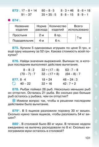 131
873°. 17 – 8 + 14		 80 – 8 · 5		 8 · 3 + 46	 8 · 6 + 18
			 91 – 37				 35 + 35 : 5		 8 ⋅ 8 – 15	 8 ⋅ 9 – 1
874°. 
Название
изделия
Норма
расхода
Количество
изделий
Всего
использовано
Простыня 2 м 8 пр.
? м
Пододеяльник 4 м 6 п.
875. Купили 5 одинаковых игрушек по цене 9 грн, и
ещё одну машинку за 52 грн. Какова стоимость всей по­
купки?
876. Найди значения выражений. Выпиши те, в кото­
рых последним выполняют действие вычитания.
			 8 – 8 : 2			 32 + (17 – 8)			 63 : 7 – 8
			 (70 – 7) : 7			 32 – (17 + 8)			 (64 – 8) : 7
877. 8 ⋅ 4						 18 + 24				 48 – 24 : 3
			 40 – 22				 32 + 16				 42 : 7 + 2
878. Рыбак поймал 28 рыб. Несколько меньших рыб
он отпустил. Осталась 21 рыба. Во сколько раз больше
рыб осталось у рыбака, чем он отпустил?
  Измени вопрос так, чтобы в решении последним
действием было вычитание.
879*.  В 5 ящиков разложили поровну 30 кг вишен.
Сколько нужно таких ящиков, чтобы разложить 54 кг ви­
шен?
880°. В столовой было 80 кг муки. В течение недели
ежедневно на выпечку расходовали по 8 кг. Сколько ки­
лограммов муки осталось в столовой?
 