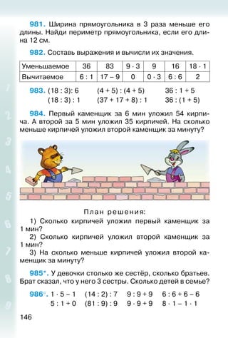 146
981.  Ширина прямоугольника в 3 раза меньше его
длины. Найди периметр прямоугольника, если его дли­
на 12 см.
982. Составь выражения и вычисли их значения.
Уменьшаемое 36 83 9 · 3 9 16 18 · 1
Вычитаемое 6 : 1 17 – 9 0 0 · 3 6 : 6 2
983. 	(18 : 3): 6			 (4 + 5) : (4 + 5)				 36 : 1 + 5
			 (18 : 3) : 1			 (37 + 17 + 8) : 1		 36 : (1 + 5)
984.  Первый каменщик за 6 мин уложил 54 кирпи­
ча. А второй за 5 мин уложил 35 кирпичей. На сколько
меньше­кирпичей уложил второй каменщик за минуту?
Пл а н ре шения:
1)  Сколько кирпичей уложил первый каменщик за
1 мин?
2)  Сколько кирпичей уложил второй каменщик за
1 мин?
3)  На сколько меньше кирпичей уложил второй ка­
менщик за минуту?
985*. У девочки столько же сестёр, сколько братьев.
Брат сказал, что у него 3 сестры. Сколько детей в семье?
986°. 1 · 5 – 1		 (14 : 2) : 7		 9 : 9 + 9		 6 : 6 + 6 – 6
			  5 : 1 + 0	 (81 : 9) : 9		 9 · 9 + 9		 8 · 1 – 1 · 1
 