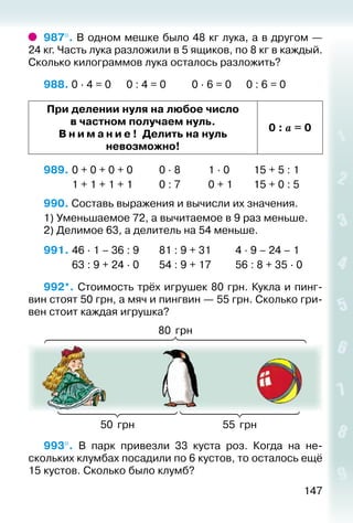 147
987°. В одном мешке было 48 кг лука, а в другом —
24 кг. Часть лука разложили в 5 ящиков, по 8 кг в каждый.
Сколько килограммов лука осталось разложить?
988. 0 · 4 = 0		 0 : 4 = 0			 0 · 6 = 0		 0 : 6 = 0
При делении нуля на любое число
в частном получаем нуль.
В н и м а н и е ! Делить на нуль
невозможно!
0 : a = 0
989. 	0 + 0 + 0 + 0			 0 · 8				 1 · 0			 15 + 5 : 1
			 1 + 1 + 1 + 1			 0 : 7				 0 + 1		 15 + 0 : 5
990. Составь выражения и вычисли их значения.
1) Уменьшаемое 72, а вычитаемое в 9 раз меньше.
2) Делимое 63, а делитель на 54 меньше.
991. 	46 · 1 – 36 : 9		 81 : 9 + 31			 4 · 9 – 24 – 1
			 63 : 9 + 24 · 0		 54 : 9 + 17			 56 : 8 + 35 · 0
992*. Стоимость трёх игрушек 80 грн. Кукла и пинг­
вин стоят 50 грн, а мяч и пингвин — 55 грн. Сколько гри­
вен стоит каждая игрушка?
80  грн
50  грн 55  грн
993°.  В парк привезли 33 куста роз. Когда на не­
скольких клумбах посадили по 6 кустов, то осталось ещё
15 кустов. Сколько было клумб?
 