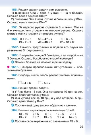29
156. Реши и сравни задачи и их решения.
1)  В веночке Оли 7 лент, а у Юли — на 4 больше.
Сколько лент в веночке Юли?
2) В веночке Оли 7 лент. Это на 4 больше, чем у Юли.
Сколько лент в веночке Юли?
157.  От первого рулона отрезали 8 м ткани. Это на
4 м меньше, чем отрезали от второго рулона. Сколько
метров ткани отрезали от второго рулона?
158. 	  8 + 7 – 5			 58 – 47 – 7			 9 + 6 – 5
			 13 – 7 + 2			 49 – 40 + 6			 17 – 10 + 6
159*.  Начерти треугольник и подели его двумя от­
резками на 3 треугольника.
160°. В первой команде 9 боксёров, а во второй — на
3 больше. Сколько боксёров во второй команде?
 Замени больше на меньше и реши задачу.
161°.  Начерти произвольный пятиугольник и обо­
значь его буквами.
162. Подбери числа, чтобы равенства были правиль­
ными.
			 – 4 = 6			 – 5 = 7
163. Реши и сравни задачи.
1) У Яны было 15  грн. Она потратила 10  грн на сок.
Сколько денег осталось у Яны?
2) Яна купила сок за 10 грн, и у неё осталось 5 грн.
Сколько денег было у Яны?
 Составь ещё одну задачу, обратную к данным.
164. Випиши выражения со значениями 13 и 6.
			 13 – 10		 0 + 6		 8 + 5		 12 – 6		 7 + 7
			 13 – 7			 6 + 7		 13 – 6		 9 + 4		 14 – 6
 Составь свои выражения со значениями 13 и 6.
 