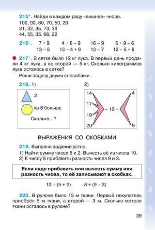 39
215*. Найди в каждом ряду «лишнее» число.
100, 90, 80, 70, 50, 20
31, 32, 35, 73, 39
44, 55, 35, 66, 22
216°. 	 7 + 9			 4 + 8 – 9		 16 – 9		 5 + 9 – 6
				 13 – 8			 13 – 4 + 9		 13 – 7		 12 – 5 + 8
217°. В сетке было 12 кг лука. В первый день прода­
ли 4 кг лука, а во второй  — 5  кг. Сколько килограммов
лука осталось в сетке?
Реши задачу двумя способами.
218. 1) 										 2)
2
на 8 больше
Сколько…?
14 4
9
17
19
– 10 +
20
ВЫРАЖЕНИЯ СО СКОБКАМИ
219. Выполни задание устно.
1) Найти сумму чисел 5 и 2. Вычесть её из числа 10.
2) К числу 8 прибавить разность чисел 9 и 3.
Если надо прибавить или вычесть сумму или
разность чисел, то её записывают в скобках.
							 10 – (5 + 2)			 8 + (9 – 3)
220. В рулоне было 15 м ткани. Первый покупатель
приобрёл 5 м ткани, а второй — 3 м. Сколько метров
ткани осталось в рулоне?
 