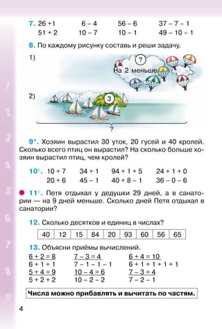4
7. 	26 +1	 6 – 4	 56 – 6	 37 – 7 – 1
	 51 + 2	 10 – 7	 10 – 1	 49 – 10 – 1
8. По каждому рисунку составь и реши задачу.
На 2 меньше
?
1)
2) 3
9*.  Хозяин вырастил 30 уток, 20 гусей и 40 кролей.
Сколько всего птиц он вырастил? На сколько больше хо­
зяин вырастил птиц, чем кролей?
10°. 	10 + 7			 34 + 1			 94 + 1 + 5			 24 + 1 + 0
			 20 + 6			 45 – 1			 40 + 8 – 1			 36 – 0 – 6
11°.  Петя отдыхал у дедушки 29 дней, а в санато­
рии — на 9 дней меньше. Сколько дней Петя отдыхал в
санатории?
12. Сколько десятков и единиц в числах?
40 12 15 84 20 93 60 56 65
13. Объясни приёмы вычислений.
6 + 2 = 8			 7 – 3 = 4 				 6 + 4 = 10
6 + 1 + 1			 7 – 1 – 1 – 1			 6 + 1 + 1 + 1 + 1
5 + 4 = 9			 10 – 4 = 6				 7 – 3 = 4
5 + 2 + 2			 10 – 2 – 2				 7 – 2 – 1
Числа можно прибавлять и вычитать по частям.
?
 