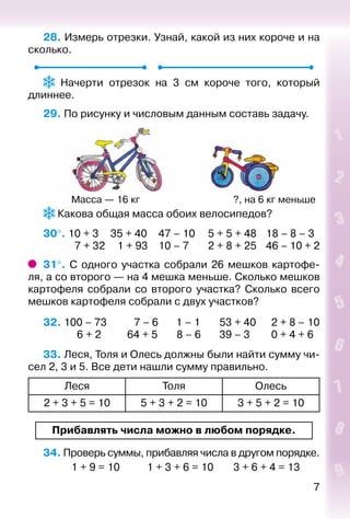 7
28. Измерь отрезки. Узнай, какой из них короче и на
сколько.
  Начерти отрезок на 3 см короче того, который
длиннее.
29. По рисунку и числовым данным составь задачу.
			 Масса — 16 кг 					 			 ?, на 6 кг меньше
 Какова общая масса обоих велосипедов?
30°. 10 + 3	 35 + 40	 47 – 10	 5 + 5 + 48	 18 – 8 – 3
		 7 + 32		 1 + 93	 10 – 7	 2 + 8 + 25	 46 – 10 + 2
31°.  С одного участка собрали 26 мешков картофе­
ля, а со второго — на 4 мешка меньше. Сколько мешков
картофеля собрали со второго участка? Сколько всего
мешков картофеля собрали с двух участков?
32.	100 – 73		 7 – 6	 1 – 1	 53 + 40	 2 + 8 – 10
		 6 + 2	 64 + 5	 8 – 6	 39 – 3	 0 + 4 + 6
33. Леся, Толя и Олесь должны были найти сумму чи­
сел 2, 3 и 5. Все дети нашли сумму правильно.
Леся Толя Олесь
2 + 3 + 5 = 10 5 + 3 + 2 = 10 3 + 5 + 2 = 10
Прибавлять числа можно в любом порядке.
34. Проверь суммы, прибавляя числа в другом порядке.
			 1 + 9 = 10			 1 + 3 + 6 = 10		 3 + 6 + 4 = 13
 