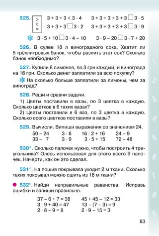 83
525.  >
<
=
 	 3 + 3 + 3 < 3 ∙ 4		 3 + 3 + 3 + 3 + 3 3 ∙ 5
						 3 + 3 + 3 3 ∙ 2		 3 + 3 + 3 + 3 + 3 3 ∙ 9
		  	 3 ∙ 5 + 10 3 ∙ 4 – 10			 3 ∙ 9 – 20 3 ∙ 7 + 20
526.  В сулее 18 л виноградного сока. Хватит ли
5 трёхлитровых банок, чтобы разлить этот сок? Сколько
банок необходимо?
527. Купили 8 лимонов, по 3 грн каждый, и винограда
на 16 грн. Сколько денег заплатили за всю покупку?
  На сколько больше заплатили за лимоны, чем за
виноград?
528. Реши и сравни задачи.
1)  Цветы поставили в вазы, по 3 цветка в каждую.
Сколько цветков в 6 таких вазах?
2)  Цветы поставили в 6 ваз, по 3 цветка в каждую.
Сколько всего цветков поставили в вазы?
529. Вычисли. Випиши выражения со значением 24.
			 50 – 24			 3 ∙ 8			 16 : 2 + 16			 24 – 9
			 33 – 7			 3 ∙ 9			  3 ∙ 5 + 15			 72 – 48
530*. Сколько палочек нужно, чтобы построить 4 тре­
угольника? Олесь использовал для этого всего 9 пало­
чек. Начерти, как он это сделал.
531°. На пошив покрывала уходит 2 м ткани. Сколько
таких покрывал можно сшить из 16 м ткани?
532°. Найди неправильные равенства. Исправь
ошибки и запиши правильно.
				 37 – 6 + 7 = 38			 45 + 45 – 12 = 33
				 3 ∙ 9 + 40 = 47			 13 – (7 – 3) = 9
				 2 ∙ 8 – 9 = 9				 2 ∙ 9 – 15 = 3
 