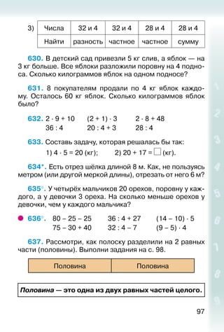 97
3) Числа 32 и 4 32 и 4 28 и 4 28 и 4
Найти разность частное частное сумму
630. В детский сад привезли 5 кг слив, а яблок — на
3 кг больше. Все яблоки разложили поровну на 4 подно­
са. Сколько килограммов яблок на одном подносе?
631.  8 покупателям продали по 4 кг яблок каждо­
му. Осталось 60  кг яблок. Сколько килограммов яблок
было?
632. 	2 ∙ 9 + 10		 (2 + 1) ∙ 3			 2 ∙ 8 + 48
			 36 : 4				 20 : 4 + 3			 28 : 4
633. Составь задачу, которая решалась бы так:
			 1) 4 ∙ 5 = 20 (кг);			 2) 20 + 17 = (кг).
634*. Есть отрез шёлка длиной 8 м. Как, не пользуясь
метром (или другой меркой длины), отрезать от него 6 м?
635°. У четырёх мальчиков 20 орехов, поровну у каж­
дого, а у девочки 3 ореха. На сколько меньше орехов у
девочки, чем у каждого мальчика?
636°. 	 80 – 25 – 25			 36 : 4 + 27			 (14 – 10) ∙ 5
				 75 – 30 + 40			 32 : 4 – 7			 (9 – 5) ∙ 4
637. Рассмотри, как полоску разделили на 2 равных
части (половины). Выполни задания на с. 98.
Половина Половина
Половина — это одна из двух равных частей целого.
 
