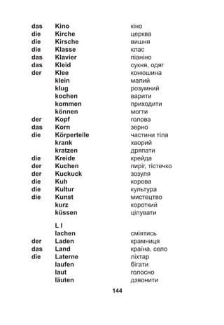 144
das Kino кіно
die Kirche церква
die Kirsche вишня
die Klasse клас
das Klavier піаніно
das Kleid сукня, одяг
der Klee конюшина
klein малий
klug розумний
kochen варити
kommen приходити
können могти
der Kopf голова
das Korn зерно
die Körperteile частини тіла
krank хворий
kratzen дряпати
die Kreide крейда
der Kuchen пиріг, тістечко
der Kuckuck зозуля
die Kuh корова
die Kultur культура
die Kunst мистецтво
kurz короткий
küssen цілувати
L l
lachen сміятись
der Laden крамниця
das Land країна, село
die Laterne ліхтар
laufen бігaти
laut голосно
läuten дзвонити
 