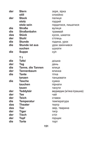 151
der Stern зоря, зірка
still спокійно
der Stock палиця
stolz гордий
stolz sein гордитися, пишатися
die Straße вулиця
die Straßenbahn трамвай
das Stück кусок, шматок
der Stuhl стілець
die Stunde година, урок
die Stunde ist aus урок закінчився
suchen шукати
die Suppe суп
T t
die Tafel дошка
der Tag день
die Tanne, die Tannen ялиця
der Tannenbaum ялинка
die Tante тітка
tanzen танцювати
die Tasche сумка
tauchen пірнати
tauen танути
der Teddybär ведмедик (м’яка іграшка)
der Tee чай
der Teich ставок
die Temperatur температура
das Theater театр
das Tier звір, тварина
der Tiger тигр
der Tisch стіл
der Topf горщик
die Torte торт
 