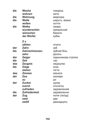 154
die Woche тиждень
wohnen жити
die Wohnung квартира
die Wolle шерсть, вовна
wollen хотіти
die Wolke хмара
wunderschön прекрасний
wünschen бажати
der Würfel кубик
Z z
zählen лічити
der Zahn зуб
die Zahnschmerzen зубний біль
zehn десять
der Zeiger годинникова стрілка
die Zeit час
das Zeugnis свідоцтво
die Ziege коза
ziehen тягти
das Zimmer кімната
der Zoo зоопарк
zu до
der Zucker цукор
zuerst спочатку
zufrieden задоволений
die Zufriedenheit задоволення
der Zug потяг (поїзд)
zwei два
zwölf дванадцять
 