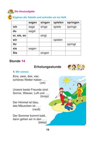 19
Die Hausaufgabe
Ergänze die Tabelle und schreibe sie ins Heft.
sagen singen spielen springen
ich sage singe spiele springe
du sagst
er, sie, es singt
wir spielen
ihr springt
sie sagen
Sie singen
Stunde 14
Erholungsstunde
1. Wir reimen.
Eins, zwei, drei, vier,
schönes Wetter haben … .
Unsere beste Freunde sind:
Sonne, Wasser, Luft und … .
Der Himmel ist blau,
das Mäuschen ist … .
Der Sommer kommt bald,
dann gehen wir in den … .
(wir)
(Wind)
(grau)
(Wald)
 