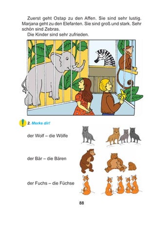 88
Zuerst geht Ostap zu den Affen. Sie sind sehr lustig.
Marjana geht zu den Elefanten. Sie sind groß und stark. Sehr
schön sind Zebras.
Die Kinder sind sehr zufrieden.
2. Merke dir!
der Wolf – die Wölfe
der Bär – die Bären
der Fuchs – die Füchse
 