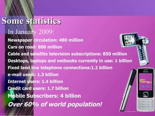 Some statistics In January 2009: Newspaper circulation: 480 million Cars on road: 800 million Cable and satellite television subscriptions: 850 million Desktops, laptops and netbooks currently in use: 1 billion Fixed land line telephone connections:1.2 billion e-mail users: 1.3 billion Internet users: 1.4 billion Credit card users: 1.7 billion Mobile Subscribers: 4 billion Over 60% of world population! 