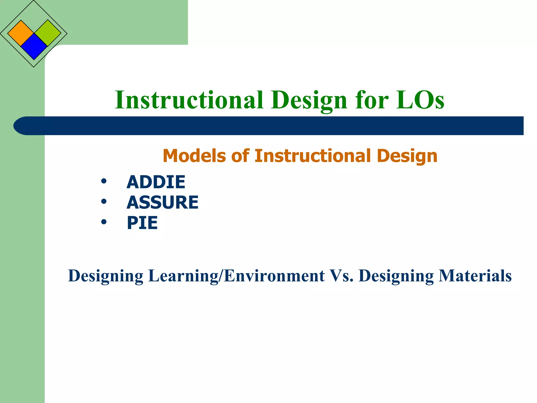 Instructional Design for LOs Models of Instructional Design ADDIE ASSURE PIE Designing Learning/Environment Vs. Designing Materials 