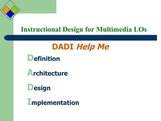 Instructional Design for Multimedia LOs DADI  Help Me D efinition A rchitecture D esign I mplementation 