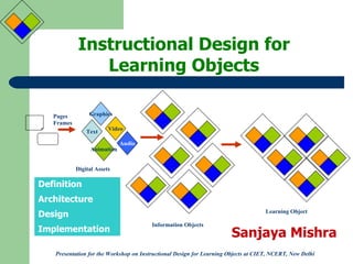 Instructional Design for Learning Objects Definition Architecture Design Implementation Presentation for the Workshop on Instructional Design for Learning Objects at CIET, NCERT, New Delhi Sanjaya Mishra Text Audio Video Animation Graphics Pages Frames Digital Assets Information Objects Learning Object 