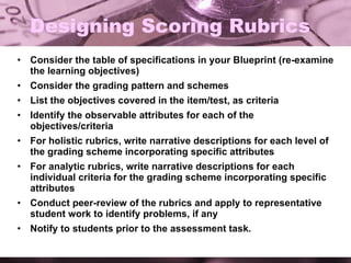 Designing Scoring Rubrics Consider the table of specifications in your Blueprint (re-examine the learning objectives) Consider the grading pattern and schemes List the objectives covered in the item/test, as criteria Identify the observable attributes for each of the objectives/criteria For holistic rubrics, write narrative descriptions for each level of the grading scheme incorporating specific attributes For analytic rubrics, write narrative descriptions for each individual criteria for the grading scheme incorporating specific attributes Conduct peer-review of the rubrics and apply to representative student work to identify problems, if any Notify to students prior to the assessment task. 