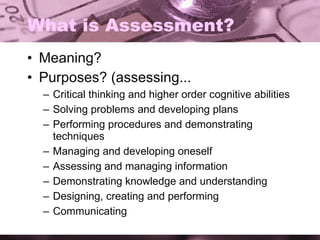 What is Assessment? Meaning? Purposes? (assessing... Critical thinking and higher order cognitive abilities Solving problems and developing plans Performing procedures and demonstrating techniques Managing and developing oneself Assessing and managing information Demonstrating knowledge and understanding Designing, creating and performing Communicating 