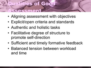 Qualities of Good Assessment Aligning assessment with objectives Explicit/open criteria and standards  Authentic and holistic tasks Facilitative degree of structure to promote self-direction Sufficient and timely formative feedback Balanced tension between workload and time 