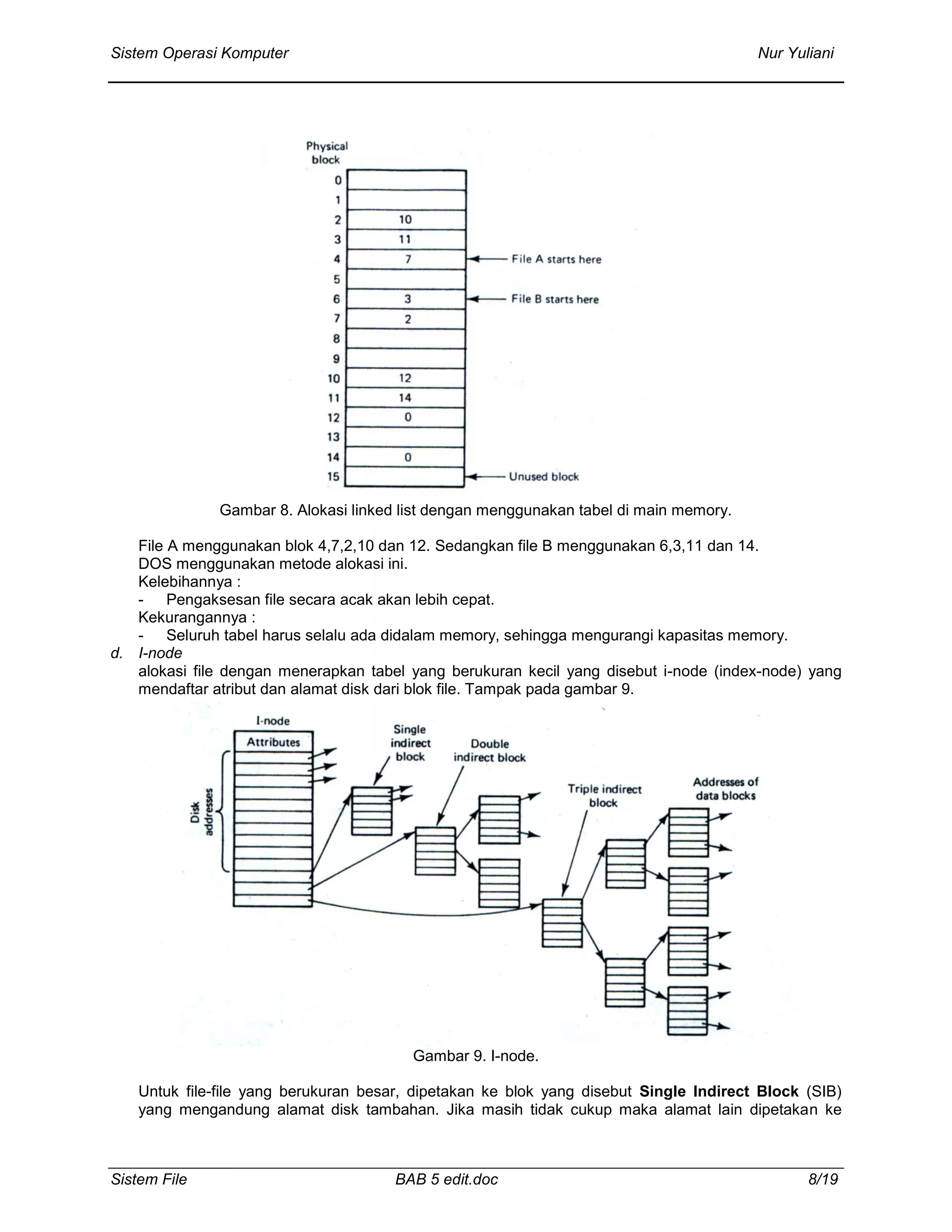 Sistem Operasi Komputer Nur Yuliani
Sistem File BAB 5 edit.doc 8/19
Gambar 8. Alokasi linked list dengan menggunakan tabel di main memory.
File A menggunakan blok 4,7,2,10 dan 12. Sedangkan file B menggunakan 6,3,11 dan 14.
DOS menggunakan metode alokasi ini.
Kelebihannya :
- Pengaksesan file secara acak akan lebih cepat.
Kekurangannya :
- Seluruh tabel harus selalu ada didalam memory, sehingga mengurangi kapasitas memory.
d. I-node
alokasi file dengan menerapkan tabel yang berukuran kecil yang disebut i-node (index-node) yang
mendaftar atribut dan alamat disk dari blok file. Tampak pada gambar 9.
Gambar 9. I-node.
Untuk file-file yang berukuran besar, dipetakan ke blok yang disebut Single Indirect Block (SIB)
yang mengandung alamat disk tambahan. Jika masih tidak cukup maka alamat lain dipetakan ke
 