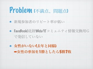 Problem (㡢}) 
ҎμߤΥԩ`ʤͤ 
FaceBook)Web/ITߥ˥ƥ󽻓Qã 
ǰkŤƤʤ 
ŮԤʤ(ȥͬ) 
??ŮԤβμӤ1٤Ȥ57 
 