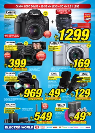 CANON 1100D GÖVDE + 18-55 MM LENS + 50 MM 1.8 II LENS
                                                                                                                                                                         CANON EF 50 MM
     EOS 1100D+18-55MM LENS+EF 50 MM
                                                                                                                               12.0                                         1.8 II LENS
            1.8 LENS DOUBLE KİT

  12 MP CMOS SENSÖR
                                                                                                                                MP                                                                                                                                     1799
                                                                                                                                                                                                                                                                       KAZANCINIZ

                                                                                                                                                                                                                                                                            500
  1280x720P VİDEO KAYDI




                                                                                                                                                     +
DIGIC 4 GÖRÜNTÜ                                                                                                                                                                                                                                                       ¨
İŞLEMCİ • 9 AF
NOKTASI (MERKEZDE
F/5.6 ÇAPRAZ TİP) •
                                                                                                                                                                                                                                              ELECTRO WORLD CARD
2.7” TFT LCD EKRAN                                                                                                                                                                                                                            SAHİPLERİNE ÖZEL FİYAT!




                                                                                                                                                                        1299
• YÜKSEK ISO                                                                                                                                                                                                                                  ÜSTELİK KARTINIZI MAĞAZALARIMIZDAN
HASSASİYETİ                                                                                                                                                                                                                                   ANINDA ÜCRETSİZ OLARAK EDİNEBİLİRSİNİZ.
(100-6400)
STOK ADEDİ: 100
ÜRÜN KODU: 078824
                                                                                                                                  CANON
                                                                                                                                  GÖRSEL
                                                                                                                                AKADEMİDE




                                                                                                                                                               ¨
 CANON EOS 1100D GÖVDE +                                                                                                         ÜCRETSİZ
                                                                                                                                  EĞİTİM
  18-55 LENS İLE BERABER                                                                                                          HEDİYE


                                                                                                                                                                                                                      NAKİT FİYATINA         10 x 129,90 World / Finans
                                                                 16.0
               SH-21 DİJİTAL
            FOTOĞRAF MAKİNESİ
                                                                  MP                                                                                  A810 FOTOĞRAF MAKİNESİ
                                                                                                                                                                                                                                                                              16.0
   12.5X YÜKSEK OPTİK ZOOM                                                                                                                   28 MM’LİK 5X ZOOM                                                                                                                 MP
   1080P VİDEO KAYIT                                                                                                                         HD FİLM KAYDI (720P)
   3D FOTOĞRAF ÇEKME                                                                                                                         DİJİTAL IS

                                                                                                               16 MP
  HDMI KABLO                                                                                               IŞIKLANDIRMA
                                                                                                         CMOS ÖZELLİĞİ İLE
  HEDİYE




           399                                                                                                                                                                                                           169
                                                                                                          CANLI RENKLER,
                                                                                                             MÜKEMMEL
                                                                                                             KONTRAST!




¨                             699        KAZANCINIZ         ¨ 300
                                                                                CMOS BSI SENSÖR • 3” DOKUNMATİK
                                                                                LCD EKRAN • 24 MM • DUAL IS
                                                                                • MULTİ MOTİON VİDEO IS
                                                                                                                                                     2,7 İNÇ LCD • AKILLI OTOMATİK (32 SAHNE) • FİLM
                                                                                                                                                     DÜĞMESİYLE HD FİLMLER • YARDIM DÜĞMESİ, YÜZ TESPİTİ •
                                                                                                                                                                                                                   ¨                      199        KAZANCINIZ           ¨ 30
                            NAKİT FİYATINA   5 x 79,80 World / Finans                                                                                KIRMIZI GÖZ DÜZELTME                                                             NAKİT FİYATINA        5 x 33,80 World / Finans
                                                                                STOK ADEDİ: 200 / ÜRÜN KODU: 075316-7                                STOK ADEDİ: 200 / ÜRÜN KODU: 078452




               FINEPIX HS25
                                                                                                                                                      KAWAI
                                                                                                                                                   KW-6000B MİNİ UYDU ALICISI
                                                                                                                                                                                                                                                            KAWAI
                                                                                                                                                                                                                                                       KW-6500 FULL HD UYDU ALICI
        DİJİTAL FOTOĞRAF MAKİNESİ
                                                                                               16.0
  30X YÜKSEK OPTİK ZOOM                                                                         MP                                          2500 KANAL                                                                                           1080 FULL HD UYDU ALICI
  3” HAREKETLİ LCD EKRAN                                                                                                                    MİNİ UYDU ALICI                                                                                                            5000 KANAL
  1080 P FULL HD VIDEO KAYIT
                                                                                                                                          TÜRKÇE MENÜ • SCART                                                                                       USB OYNATMA VE KAYIT
                                                                                                                                          BAĞLANTI • YÜKSEK HIZDA
                                                                                                                                          ARAMA PROGRAMI • PAL/NTSC
                                                                                                                                          OTOMATİK ÇEVİRME SİSTEMİ




                                                            969 ¨49
                                                                                                                                          STOK ADEDİ: 1000




                                                                                                                                                                                                                             129
                                                                                                                                          ÜRÜN KODU: 071310




                                                                                                                                                                                   90
EXR CMOS SENSÖR • MOTION PANORAMA 360 DERECE
                                                 ¨                           1499         KAZANCINIZ       ¨ 530                  69,90           KAZANCINIZ           %29
                                                                                                                                                                                           1000 ADET FAVORİ
                                                                                                                                                                                           KANAL • TÜRKÇE MENÜ
                                                                                                                                                                                                                      ¨
                                                                                                                                                                                           • OTOMATİK ARAMA • MKV DESTEĞİ
                                                                                                                                                                                                                                      179             KAZANCINIZ            %28
• MİNİ HDMI GİRİŞİ • 3D FOTOĞRAF ÇEKİMİ • 24 MM GENİŞ AÇI                    NAKİT FİYATINA    10 x 96,90 World / Finans            NAKİT FİYATINA    5 x 9,98 World / Finans              STOK ADEDİ: 500 / ÜRÜN KODU: 076259
                                                                                                                                                                                                                                          NAKİT FİYATINA   5 x 25,80 World / Finans
STOK ADEDİ: 200 / ÜRÜN KODU: 075267




                                                                                                                            BU SESE
        DAV DZ 740 EV SİNEMA SİSTEMİ                                                                                         KULAK                                         SA4DOT02PN/97-SA4DOT-
                                                                                                                                                                            02WN/97 MP3 PLAYER

  5.1 KANAL DVD EV SİNEMA SİSTEMİ                        1000 W SES GÜCÜ • HDMI 1080P                                        VERİN                                  2GB HAFIZA




                                                                                                                                                                                                                                 49
                                                         • DVD, DVIX, MP3, JPEG, XVID




                                                                                                549
  USB MEDIA PLAYER                                       STOK ADEDİ: 150 / ÜRÜN KODU: 068147                                                                        MİNİ TASARIM


                                                                                                                                                                                                                                                                            90
  OPTİK SES GİRİŞİ                                                                                                                                               6 SAATE VARAN ŞARJ
                                                                                                                                                                 SÜRESİ • MP3, WAV, WMA
                                                                                                                                                                 SIKIŞTIRMA FORMATLARI



                                                                                   ¨                                                                                                                               ¨
                                                                                                                                                                 • DAHİLİ BATARYA
                                                                                                                                                                 STOK ADEDİ: 500
                                                                                                                                                                 ÜRÜN KODU: 075894-95



                                                                                                           749          KAZANCINIZ        %27                                                                           69          KAZANCINIZ                %28
                                                                                                           NAKİT FİYATINA   10 x 54,90   World / Finans                                                                  NAKİT FİYATINA   5 x 9,98         World / Finans




                                                                                                      12           TA K S İ T
                                                                                                                   F I R S AT I
 