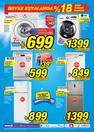 %18
                                                                                                                                                                                                                                                                                                        KDV
               BEYAZ EŞYALARDA                                                                                                                                                                                                                                                                      KADAR
                                                                                                                                                                                                                                                                                                   İNDİRİM*

        WF0700NCW ÇAMAŞIR MAKİNESİ                                                                                                                                                  1044                                                                                                                                      F1281TDP ÇAMAŞIR MAKİNESİ

                                                                                                                                                                                                                                                                                                                               A+++ ENERJİ SINIFI
   A+ ENERJİ SINIFI
                                                                                                                                                                                    KAZANCINIZ                                                                                                                                               1200 DEVİR
   1000 DEViR
ELMAS KAZAN
• FUZZY LOGİC
                                                                                                                                                                                  ¨      345                                                                                                                                        6 MOTİON DİRECT
                                                                                                                                                                                                                                                                                                                                    DRİVE MOTOR • SMART
                                                                                                                                                                                                                                                                                                                                    DİAGNOSİS / AKILLI
                                                                                                                                                                                                                                                                                                                                    TEŞHİS • GENİŞ KAPAK
(SENSÖRLERLE                                                                                                                                                                                                                                                                                                                        (350MM)
AKILLI YIKAMA)                                                                                                                                                                                                                                                                                                                      STOK ADEDİ: 150
                                                                                                                                                                                                                                                                                                                                    ÜRÜN KODU: 069981
• GENiŞ KAPAK                                                                                                                                ELECTRO WORLD CARD
STOK ADEDİ: 200                                                                                                                              SAHİPLERİNE ÖZEL FİYAT!
ÜRÜN KODU: 079242




                                                                                          699
                                                                                                                                             ÜSTELİK KARTINIZI MAĞAZALARIMIZDAN
                                                                                                                                             ANINDA ÜCRETSİZ OLARAK EDİNEBİLİRSİNİZ.




                                     7
                                                                                                                                                                                                                                                                 1399
                                                                                                                                                                                                                                    8
                                                                    ¨                                                    NAKİT FİYATINA                 10 x 69,90 World / Finans
                                                                                                                                                                                                                                                        ¨                                                 1699
                                                                                                                                                                                                                                                                                                         NAKİT FİYATINA
                                                                                                                                                                                                                                                                                                                         KAZANCINIZ       ¨ 300
                                                                                                                                                                                                                                                                                                                              10 x 139,90 World / Finans


                                                                                                                                                                 ELECTROLUX
                                                                                                                                                                 NEOCAL
                                                                                                                                                                 KİREÇ ÖNLEYİCİ
                                                                                              servis garantisi
                                                                                                                                                                 APARAT




                                                                                                                                                            39
         AL-434 SX BULAŞIK MAKİNESİ                                                              altındadır                                                      ÜRÜN KODU: 014696                                             FAVORIT 55000WO BULAŞIK MAKİNESİ


  A SINIFI ENERJİ
  GÜMÜŞ RENK                                                              4                                                                                                                          99                     A SINIFI ENERJİ
                                                                                                                                                                                                                            DİJİTAL GÖSTERGE                                                                 5
  LCD EKRAN
                                                                  PROGRAMLI
                                                                                                                                                   ¨                                                                     GECİKMELİ BAŞLATMA
                                                                                                                                                                                                                                                                                                    PROGRAMLI




                                                                                                       599                                                                                                                                                                               849
                                                                                                                                                          NAKİT FİYATINA   5 x 8,00 World / Finans
YARIM YÜK SEÇENEĞİ                                                                                                                                                                                                       • ÇOK SESSİZ 49 DB
• 58 DAKİKA KISA                                                                                                                                                                                                         • HIZLI YIKAMA
                                                                                                                                                                                                                         STOK ADEDİ: 100
PROGRAM                                                                                                                                                                                                                  ÜRÜN KODU: 070501
STOK ADEDİ: 100




                                                                                       ¨                                                                                                                                                                                   ¨
ÜRÜN KODU: 069998




                                                                                                                             849           KAZANCINIZ                      ¨ 250                                                                                                                       1099              KAZANCINIZ                ¨ 250
                                                                                                                           NAKİT FİYATINA       10 x 59,90            World / Finans                                                                                                                     NAKİT FİYATINA     10 x 84,90            World / Finans




                                                                                                                                                                                                                                        RT-59QBPN BUZDOLABI
          TAAN 6 FNF (TK) BUZDOLABI

   A+ SINIFI ENERJİ                                                                                                                                                                                                          A+ SINIFI ENERJİ
   NO-FROST                                                                                                                                           E’NİN
                                                                                                                                         ARTIK TÜRKİYDE
                                                                                                                                                                                                                             LED GÖSTERGE

MULTİFLOW TEKNOLOJİSİ                                                                                                                       HER YERİN RUZ                                                                    MULTI FLOW ÖZELLİĞİ
                                                                                                                                                       O
• HİJYEN KONTROL                                                                                                                        FİYATLARI KIRIY                                                                  İNOX • 10 YIL
SİSTEMİ • CAM RAFLAR
• 429 LT • 190x70x68,5
                                                                     429 LT                                                                                                                                              GARANTİLİ İNVERTER                                                   473 LT
                                                                                                                                                                                                                         KOMPRASÖR • SİLVER
CM (YxGxD)
STOK ADEDİ: 150
                                                                                                                                                                                                                         NANO ANTİBAKTERİYEL
ÜRÜN KODU: 077988                                                                                                                                                                                                        İÇ KAPLAMA •
                                                                                                                                                                                                                         ÖLÇÜLER (YxGxD):
                                                                                                                                                                                                                         173,5x77,2x735 CM
                                                                                                                                                                                                                         STOK ADEDİ: 200
                                                                                                                                                                                                                         ÜRÜN KODU: 077979




                                                                                     ¨              899                    1199
                                                                                                                           NAKİT FİYATINA
                                                                                                                                           KAZANCINIZ
                                                                                                                                                10 x 89,90
                                                                                                                                                                           ¨ 300
                                                                                                                                                                      World / Finans
                                                                                                                                                                                                                                                      ¨       1399                                      2225
                                                                                                                                                                                                                                                                                                        NAKİT FİYATINA
                                                                                                                                                                                                                                                                                                                       KAZANCINIZ       ¨ 826
                                                                                                                                                                                                                                                                                                                            10 x 139,90 World / Finans


                                      Nakit fiyatına              10 taksit +3 ay taksit erteleme!                                                                                                   Nakit fiyatına           10 taksit                         NAKİT
                                                                                                                                                                                                                                                                FİYATINA            6              TAKSİT

* Kampanya dahilinde, 02-04.11.2012 tarihleri arasında; tüm solo fırınlar, çamaşır makinesi, bulaşık makinesi ve buzdolaplarında geçerli olan %18 KDV kadar indirimi, üretici tarafından tavsiye edilen fiyatlar üzerinden uygulanmaktadır. Bu indirim, broşürde yer alan ürünlere yansıtılmıştır. Kampanya; Bosch, Siemens, Profilo ve Miele ürünleri için geçerli
değildir. Kampanya ile ilgili detaylı bilgi için mağazalarımızdaki satış yetkililerine danışınız.
 