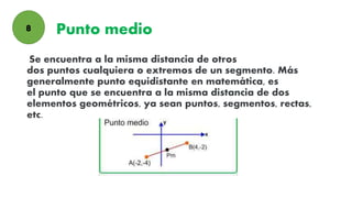 Punto medio
Se encuentra a la misma distancia de otros
dos puntos cualquiera o extremos de un segmento. Más
generalmente punto equidistante en matemática, es
el punto que se encuentra a la misma distancia de dos
elementos geométricos, ya sean puntos, segmentos, rectas,
etc.
8
 
