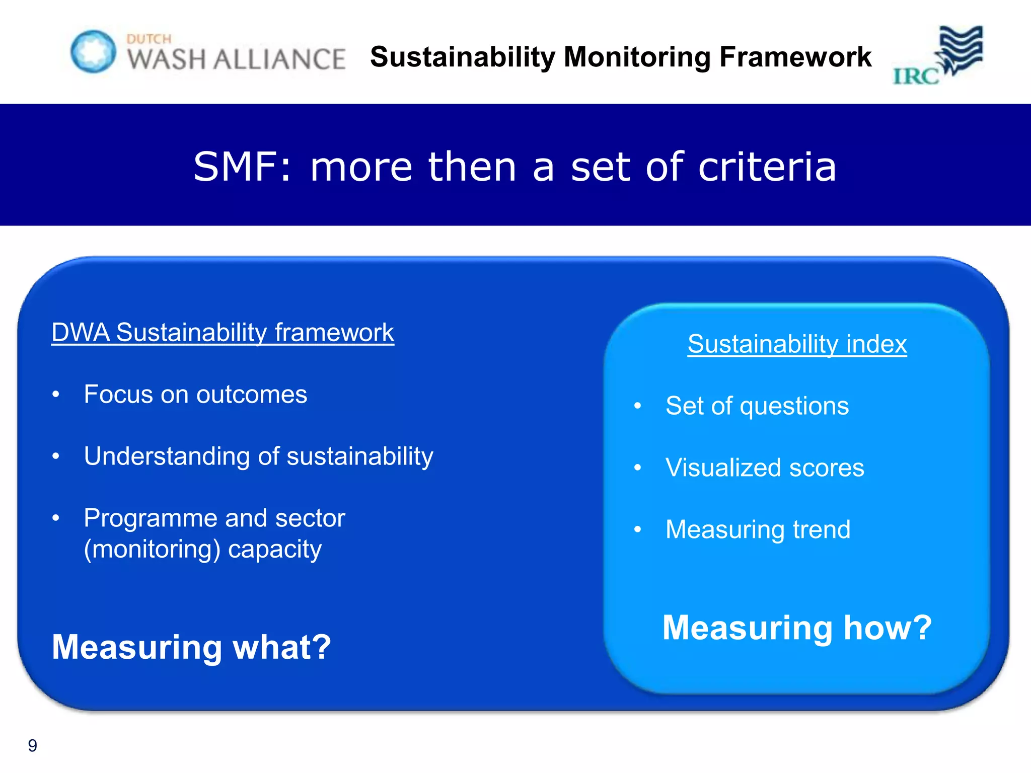 Sustainability Monitoring Framework


                SMF: more then a set of criteria



    DWA Sustainability framework                     Sustainability index
    • Focus on outcomes                          • Set of questions
    • Understanding of sustainability            • Visualized scores
    • Programme and sector                       • Measuring trend
      (monitoring) capacity


                                                   Measuring how?
    Measuring what?

9
 