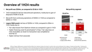 291 363
186 129
37 76
(33)
(55)
(36) (209)
-
1H23 1H24
Infrastructure Real Estate
Connectivity Corp activities
Legacy assets effects Discontinued operations
3,182
Overview of 1H24 results
• Net profit was $304m, as compared to $3.6b in 1H23
• 1H23 included $3.2b from discontinued operations, mainly due to gain of
disposal of KOM of $3.3b
• Net profit from continuing operations of $304m in 1H24 as compared to
$445m in 1H23
• Legacy O&M assetsi net loss of $209m in 1H24, compared to $36m in
1H23 mainly due to:
• Fair value losses from Seatrium shares as compared to gain in 1H23
• Higher financing costsii & amortisationiii of Day 1 fair value loss on
note receivables as Asset Co transaction was completed at
end-Feb 23
• Higher net loss from associate
Net profit by segment
$304m
$3,627m
13
i Effects of legacy O&M assets comprise the P&L effects from Seatrium shares, the Asset Co vendor notes, and contributions from stakes in Floatel and Dyna-Mac; ii Following the
completion of the Asset Co Transaction in Feb 23, the financing cost relating to the vendor notes are now reported under Corporate Activities, as compared to under Discontinued
Operations in Jan – Feb 23; iii As required by accounting standards, the notes receivables have to be fair valued at initial recognition (Day 1) and the difference between the fair
value and the transacted price is deferred and amortised over the expected life of the notes or when its fair value (or its inputs) can be observed directly from the market
 