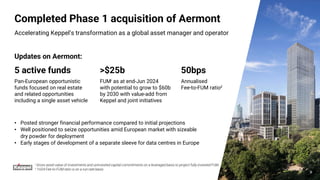 Accelerating Keppel’s transformation as a global asset manager and operator
>$25b
FUMi as at end-Jun 2024
with potential to grow to $60b
by 2030 with value-add from
Keppel and joint initiatives
5 active funds
Pan-European opportunistic
funds focused on real estate
and related opportunities
including a single asset vehicle
50bps
Annualised
Fee-to-FUM ratioii
Completed Phase 1 acquisition of Aermont
i Gross asset value of investments and uninvested capital commitments on a leveraged basis to project fully-invested FUM
ii 1H24 Fee-to-FUM ratio is on a run-rate basis
8
• Posted stronger financial performance compared to initial projections
• Well positioned to seize opportunities amid European market with sizeable
dry powder for deployment
• Early stages of development of a separate sleeve for data centres in Europe
Updates on Aermont:
8
 