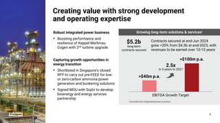 9
9
Robust integrated power business
• Boosting performance and
resilience of Keppel Merlimau
Cogen with 2nd turbine upgrade
Capturing growth opportunities in
energy transition
• Shortlisted in Singapore’s closed
RFP to carry out pre-FEED for low-
or zero-carbon ammonia power
generation and bunkering solutions
• Signed MOU with Sojitz to develop
bioenergy and energy services
partnership
Creating value with strong development
and operating expertise
Growing long-term solutions & servicesi
$5.2b Contracts secured at end-Jun 2024
grew >20% from $4.3b at end-2023, with
revenues to be earned over 10-15 years
long-term
contracts secured
>$40m p.a.
>$100m p.a.
2.5x
in 3 years to 2027
EBITDA Growth Target
i Excludes the integrated power business
 