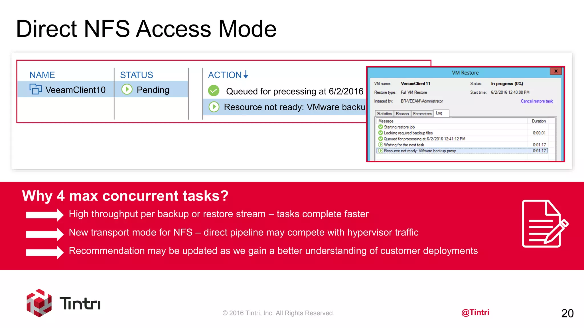 @Tintri
Direct NFS Access Mode
© 2016 Tintri, Inc. All Rights Reserved. 20
Why 4 max concurrent tasks?
High throughput per backup or restore stream – tasks complete faster
New transport mode for NFS – direct pipeline may compete with hypervisor traffic
Recommendation may be updated as we gain a better understanding of customer deployments
NAME STATUS ACTION
VeeamClient10 Pending Queued for precessing at 6/2/2016 10:57:35AM
Resource not ready: VMware backup proxy
 