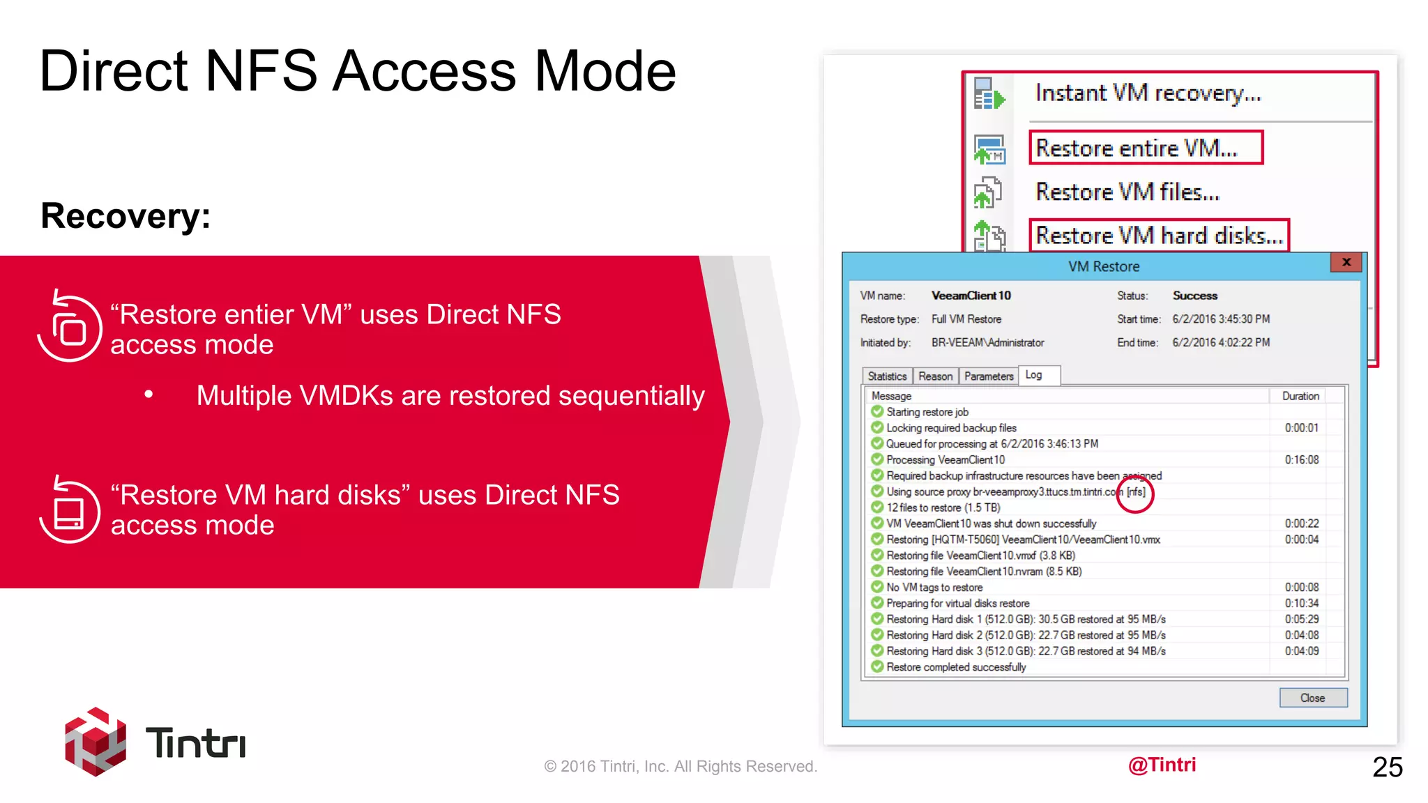 @Tintri
“Restore entier VM” uses Direct NFS
access mode
Direct NFS Access Mode
© 2016 Tintri, Inc. All Rights Reserved. 25
Recovery:
• Multiple VMDKs are restored sequentially
“Restore VM hard disks” uses Direct NFS
access mode
 