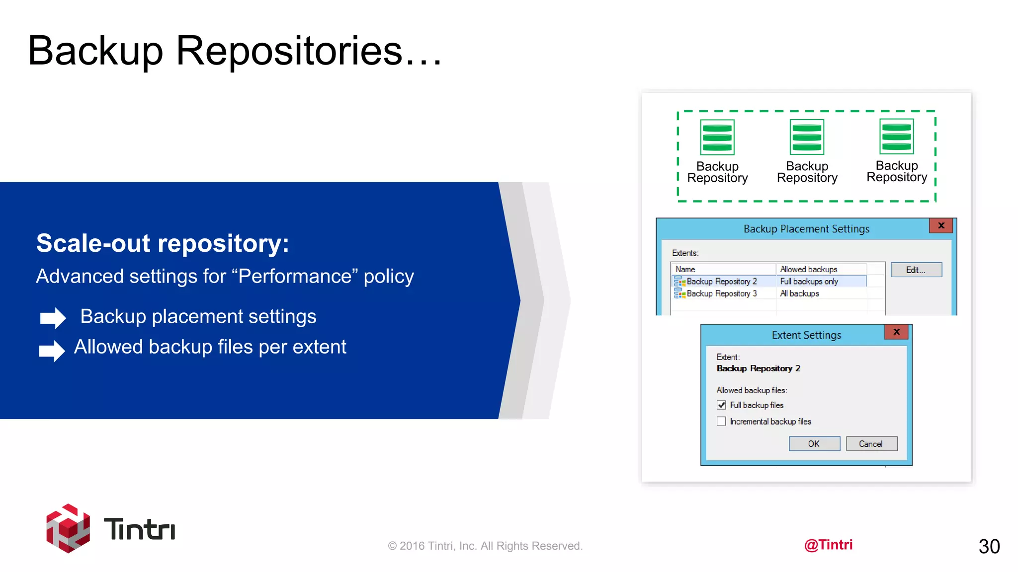 @Tintri
Backup Repositories…
© 2016 Tintri, Inc. All Rights Reserved. 30
Backup
Repository
Backup
Repository
Backup
Repository
Scale-out repository:
Advanced settings for “Performance” policy
Backup placement settings
Allowed backup files per extent
 