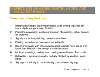 Summary of key findings:
1.  Intersection design: large intersections, wide turning radii, free left
turns, slip lanes, pedestrian facilities
2.  Pedestrian crossings: location and design of crossings, actual demand
for crossing
3.  Signals: cycle time, visibility, pedestrian facilities
4.  Parking: in median, at bus stop or on sidewalk
5.  Speed limit: roads with crossing pedestrians should have speed limit
lower than 80 km/h – but design is more important
6.  Midblock crossings: pedestrians crossing several lanes of fast traffic
7.  Sidewalks – missing sidewalks, partially blocked by venders, signs,
poles
8.  Signage – small signs, not visible sign, inconsistent signage
INSPECTIONS ON ASOKE-MONTRI, ASOKE, AND
YAOWARAT ROADS
 