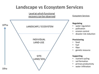 Landscape vs Ecosystem Services
Regulating
• water regulation
• pollination
• erosion control
• disaster risk reduction
Provisioning
• food
• fuel
• fiber
• genetic resource
Supporting
• nutrient cycling
• soil formation
• primary productivity
• water infiltration
Ecosystem Services
10ha
104ha
 