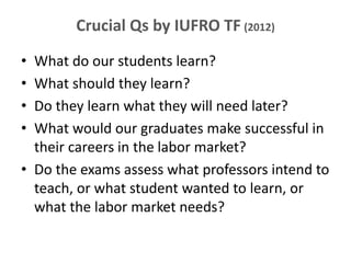 Crucial Qs by IUFRO TF (2012)
• What do our students learn?
• What should they learn?
• Do they learn what they will need later?
• What would our graduates make successful in
their careers in the labor market?
• Do the exams assess what professors intend to
teach, or what student wanted to learn, or
what the labor market needs?
 