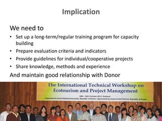 Implication
We need to
• Set up a long-term/regular training program for capacity
building
• Prepare evaluation criteria and indicators
• Provide guidelines for individual/cooperative projects
• Share knowledge, methods and experience
And maintain good relationship with Donor
 