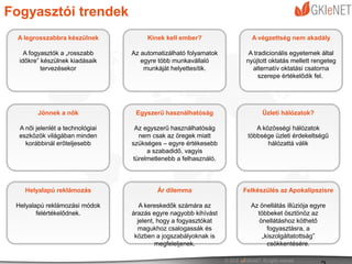 Fogyasztói trendek
 A legrosszabbra készülnek             Kinek kell ember?            A végzettség nem akadály

    A fogyasztók a „rosszabb      Az automatizálható folyamatok    A tradicionális egyetemek által
  időkre” készülnek kiadásaik        egyre több munkavállaló      nyújtott oktatás mellett rengeteg
          tervezésekor                munkáját helyettesítik.       alternatív oktatási csatorna
                                                                       szerepe értékelődik fel.




        Jönnek a nők               Egyszerű használhatóság              Üzleti hálózatok?

  A női jelenlét a technológiai    Az egyszerű használhatóság         A közösségi hálózatok
  eszközök világában minden         nem csak az öregek miatt       többsége üzleti érdekeltségű
    korábbinál erőteljesebb       szükséges – egyre értékesebb            hálózattá válik
                                       a szabadidő, vagyis
                                  türelmetlenebb a felhasználó.



    Helyalapú reklámozás                  Ár dilemma              Felkészülés az Apokalipszisre

 Helyalapú reklámozási módok         A kereskedők számára az        Az önellátás illúziója egyre
        felértékelődnek.          árazás egyre nagyobb kihívást       többeket ösztönöz az
                                    jelent, hogy a fogyasztókat       önellátáshoz köthető
                                    magukhoz csalogassák és              fogyasztásra, a
                                   közben a jogszabályoknak is         „kiszolgáltatottság”
                                           megfeleljenek.                csökkentésére.
 