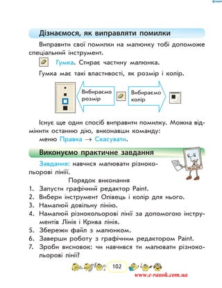 102
Дізнаємося, як виправляти помилки
Виправити свої помилки на малюнку тобі допоможе
спеціальний інструмент.
	 Гумка. Стирає частину малюнка.
Гумка має такі властивості, як розмір і колір.
Вибираємо
розмір
Вибираємо
колір
Існує ще один спосіб виправити помилку. Можна від-
мінити останню дію, виконавши команду:
меню Правка → Скасувати.
Виконуємо практичне завдання
Завдання: навчися малювати різноко-
льорові лініії.
Порядок виконання
1.	 Запусти графічний редактор Paint.
2.	 Вибери інструмент Олівець і колір для нього.
3.	 Намалюй довільну лінію.
4.	 Намалюй різнокольорові лінії за допомогою інстру-
ментів Лінія і Крива лінія.
5.	 Збережи файл з малюнком.
6.	 Заверши роботу з графічним редактором Paint.
7.	 Зроби висновок: чи навчився ти малювати різноко-
льорові лінії?
www.e-ranok.com.ua
 