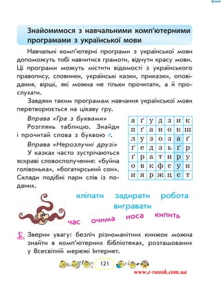 121
Знайомимося з навчальними комп’ютерними
програмами з української мови
Навчальні комп’ютерні програми з української мови
допоможуть тобі навчитися грамоти, відчути красу мови.
Ці програми можуть містити відомості з українського
правопису, словники, українські казки, приказки, опові-
дання, вірші, які можна не тільки прочитати, а й про-
слухати.
Завдяки таким програмам навчання української мови
перетворюється на цікаву гру.
Вправа «Гра з буквами»
Розглянь таблицю. Знайди
і про­читай слова з буквою ґ.
Вправа «Нерозлучні друзі»
У казках часто зустрічаються
яскраві словосполучення: «буйна
голівонька», «богатирський сон».
Склади подібні пари слів із по-
даних.
кліпати задирати робота
вигравати
Зверни увагу: безліч різноманітних книжок можна
знайти в комп’ютерних бібліотеках, розташованих
у Всесвітній мережі Інтернет.
а ґ у д з и к
п ґ а н о к ш
л у з о з а ґ
ґ е д з ь ґ р
ґ р а т и р у
о в к ф с у н
и я р ж ц с т
час очима носа кипить
www.e-ranok.com.ua
 