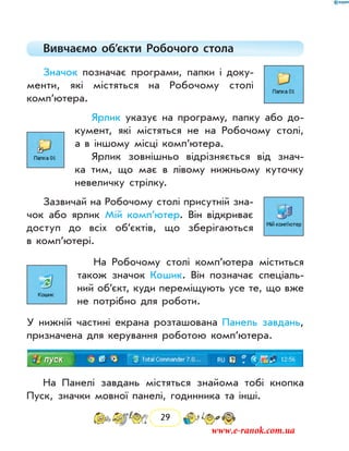29
Вивчаємо об’єкти Робочого стола
Значок позначає програми, папки і доку-
менти, які містяться на Робочому столі
комп’ютера.
Ярлик указує на програму, папку або до-
кумент, які містяться не на Робочому столі,
а в іншому місці комп’ютера.
Ярлик зовнішньо відрізняється від знач­
ка тим, що має в лівому нижньому куточку
­невеличку стрілку.
Зазвичай на Робочому столі присутній зна-
чок або ярлик Мій комп’ютер. Він відкриває
доступ до всіх об’єктів, що зберігаються
в комп’ютері.
На Робочому столі комп’ютера міститься
також значок ­Кошик. Він позначає спеціаль-
ний об’єкт, куди переміщують усе те, що вже
не потрібно для ­роботи.
У нижній частині екрана розташована Панель завдань,
призначена для керування роботою комп’ютера.
На Панелі завдань містяться знайома тобі кнопка
Пуск, знач­ки мовної панелі, годинника та інші.
www.e-ranok.com.ua
 