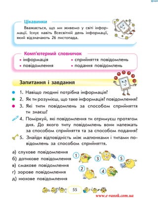 55
Цікавинки
Вважається, що ми живемо у світі інфор-
мації. Існує навіть Все­світній день інформації,
який відзначають 26 листопада.
Комп’ютерний словничок
• інформація		 • сприйняття повідомлень
• повідомлення		 • подання повідомлень
Запитання і  завдання
	 1. Навіщо людині потрібна інформація?
	 2. Як ти розумієш, що таке інформація? повідомлення?
	 3. Які типи повідомлень за способом сприйняття
ти знаєш?
	4. Поміркуй, які повідомлення ти отримуєш протягом
дня. До якого типу повідомлень вони належать
за способом сприйняття та за способом подання?
	5.	Знайди відповідність між малюнками і типами по-
відомлень за способом сприйняття.
а) слухове повідомлення
г) зорове повідомлення
в) смакове повідомлення
б) дотикове повідомлення
д) нюхове повідомлення
1
2
3
4
5
www.e-ranok.com.ua
 