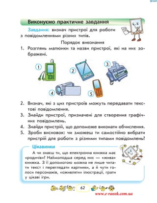 62
Виконуємо практичне завдання
Завдання: визнач пристрої для роботи
з повідомленнями різних типів.
Порядок виконання
1.	 Розглянь малюнки та назви пристрої, які на них зо-
бражені.
1
2
3
4 5
2.	 Визнач, які з цих пристроїв можуть передавати текс­
тові повідомлення.
3.	 Знайди пристрої, призначені для створення графіч-
них повідомлень.
4.	 Знайди пристрій, що допоможе виконати обчислення.
5.	 Зроби висновок: чи зможеш ти самостійно вибрати
пристрій для роботи з різними типами повідомлень?
Цікавинки
А чи знаєш ти, що електронна книжка має
«родичів»? Наймолодша серед них — «жива»
книжка. З її допомогою можна не лише чита-
ти текст і переглядати картинки, а й чути го-
лоси персонажів, «оживляти» ілюстрації, грати
у цікаві ігри.
www.e-ranok.com.ua
 